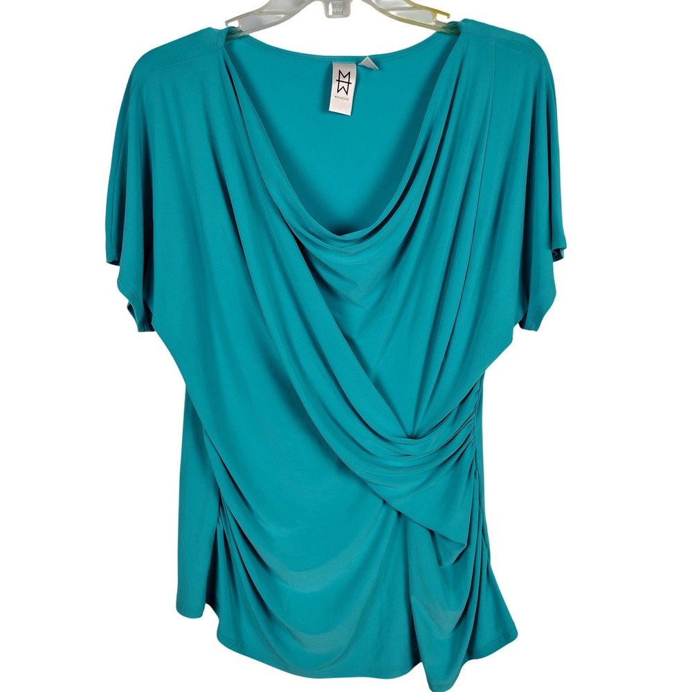 Marc Bouwer Womens 1X Drape Neck Ruched Top Teal Stretch Jersey Contemporary